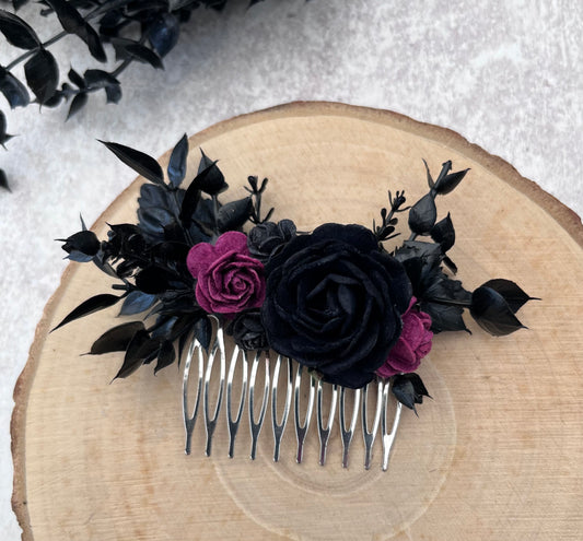 Gothic style black & burgundy flower hair comb