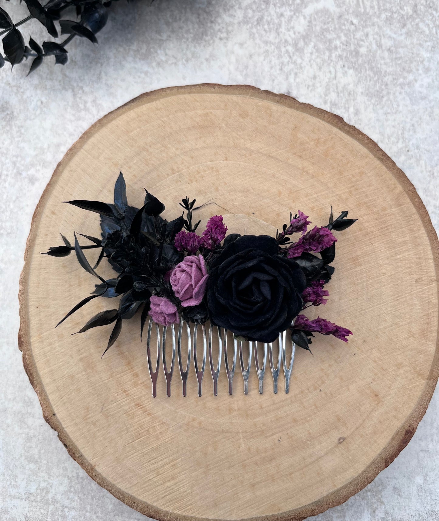 Gothic style black & purple flower hair comb
