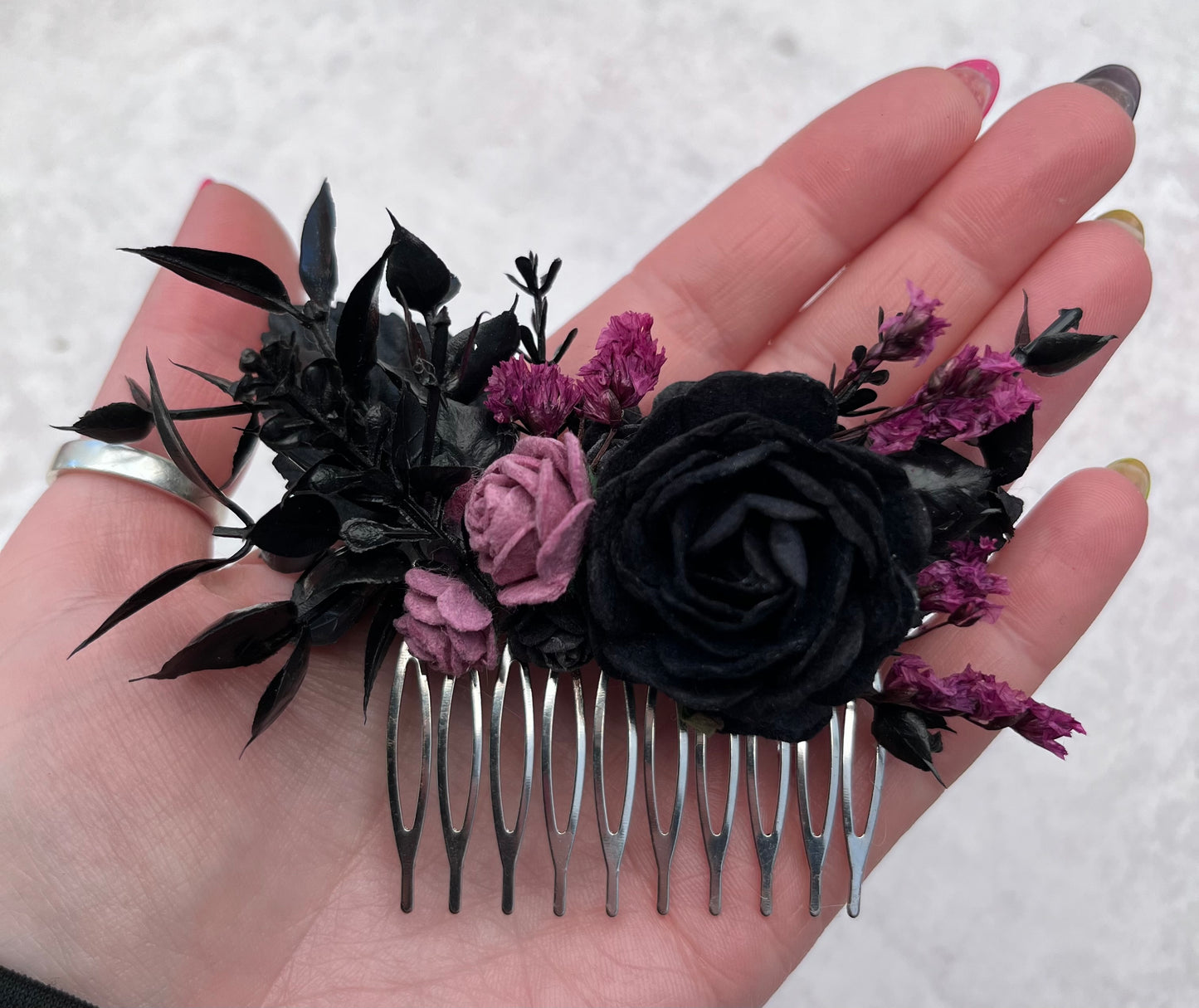 Gothic style black & purple flower hair comb