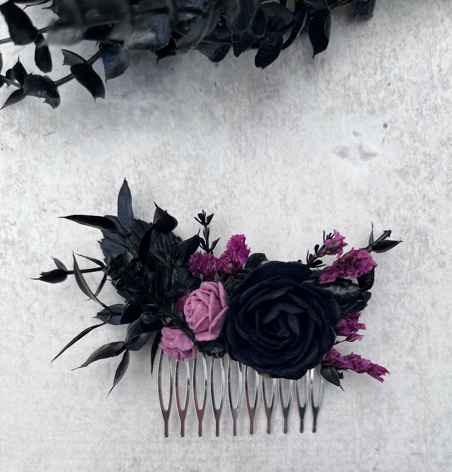 Gothic style black & purple flower hair comb