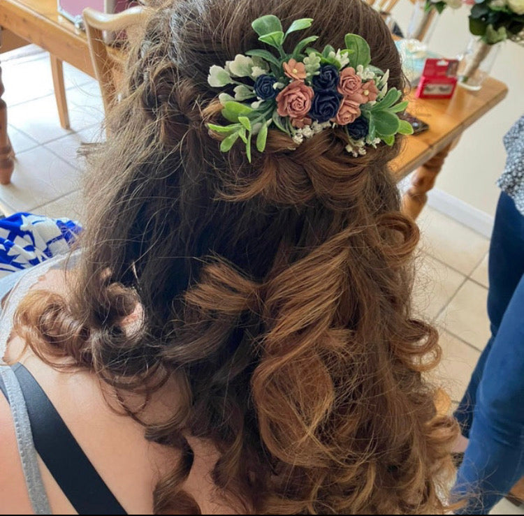 Dusky Pink And Navy Flower Hair Comb