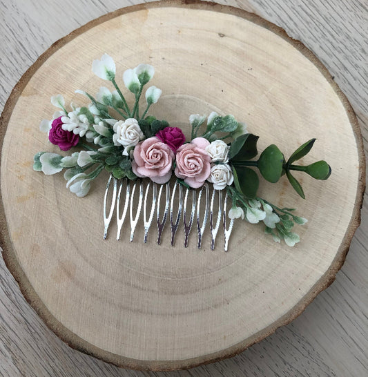 Pink and white wedding bridal flower hair piece 