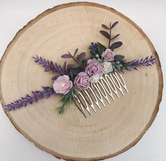 Lilac and lavender flower hair comb 