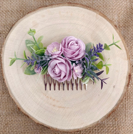 Lilac and lavender  flower hair comb 