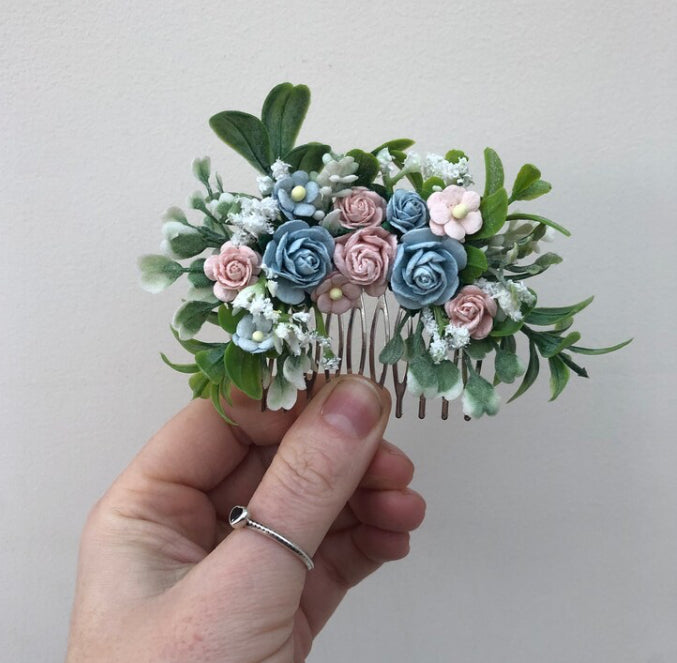 Blush Pink And Blue Flower Hair Comb