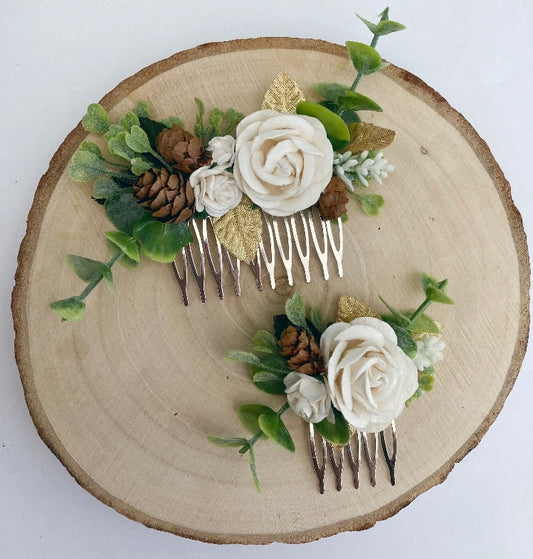 Gold and ivory winter flower hair comb