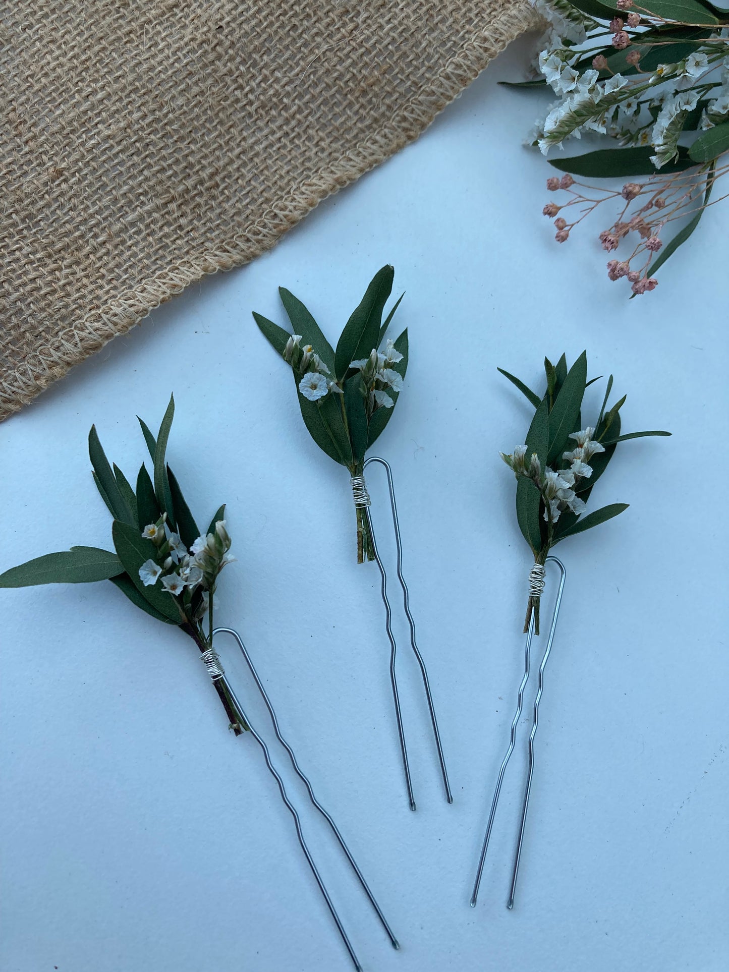 Dried Eucalyptus and White Flower Hair Pins
